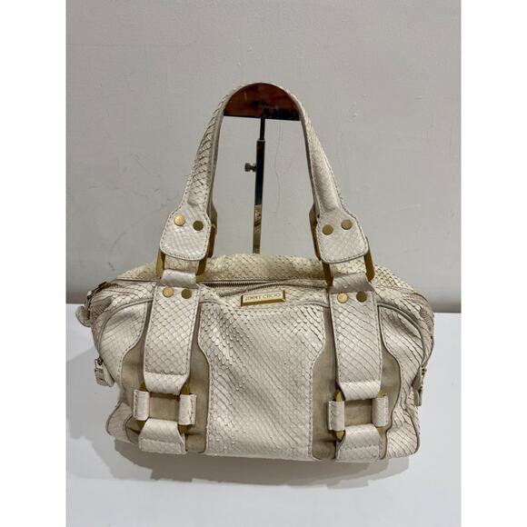Jimmy Choo Suede Trim Python Embossed Leather Shoulder Top Handle Bag Off White - Picture 2 of 13